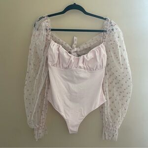 Free People !!NWT!! Elegant Baby Pink Bodysuit with Sheer Polka Dot Sleeves
